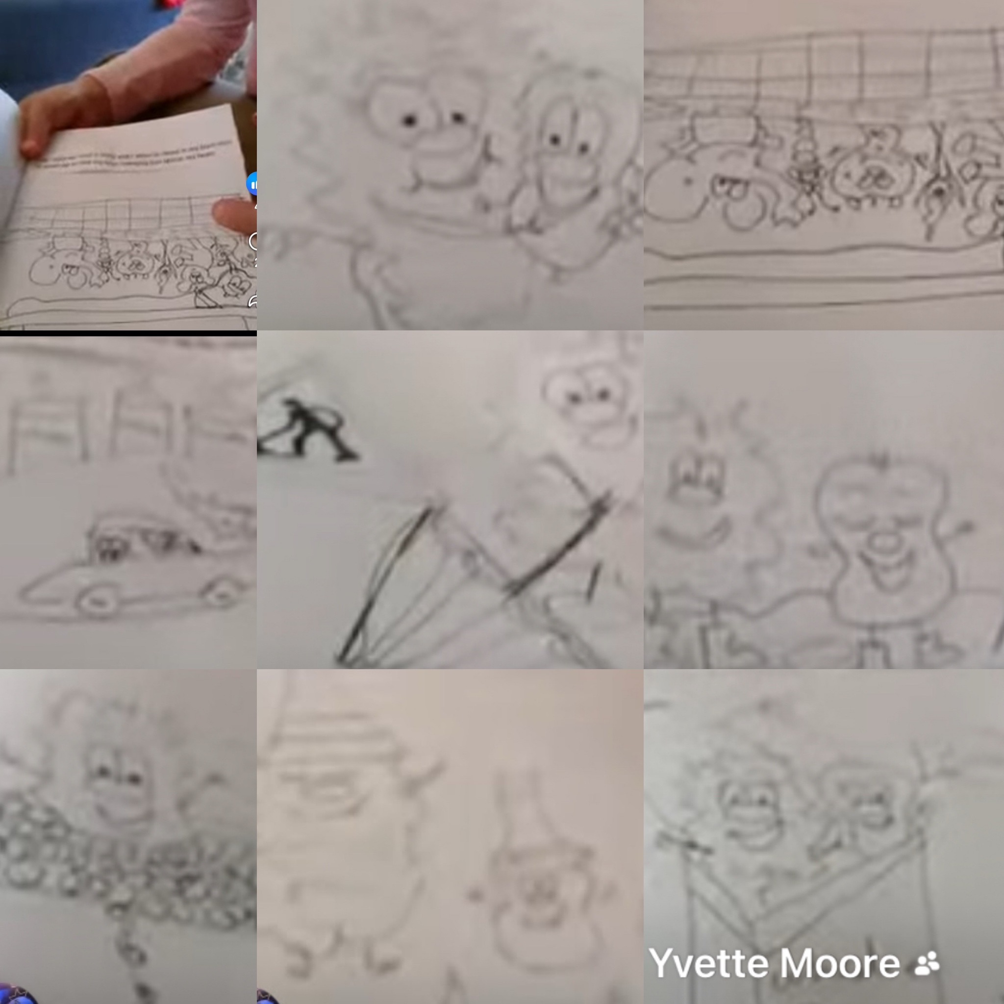 A collage of Yvette Moore’s original pencil drawings of Potato and Yeti, from the first book she wrote for Payton when she was seven