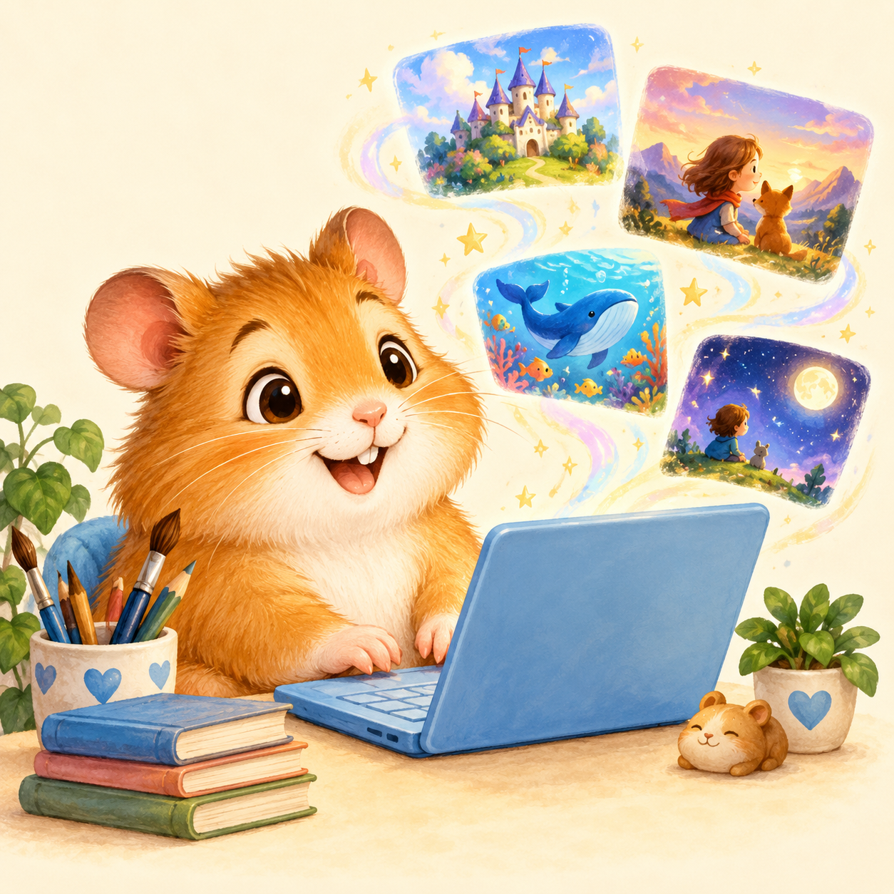 Pip, a golden-brown hamster creating illustrations on a tiny laptop