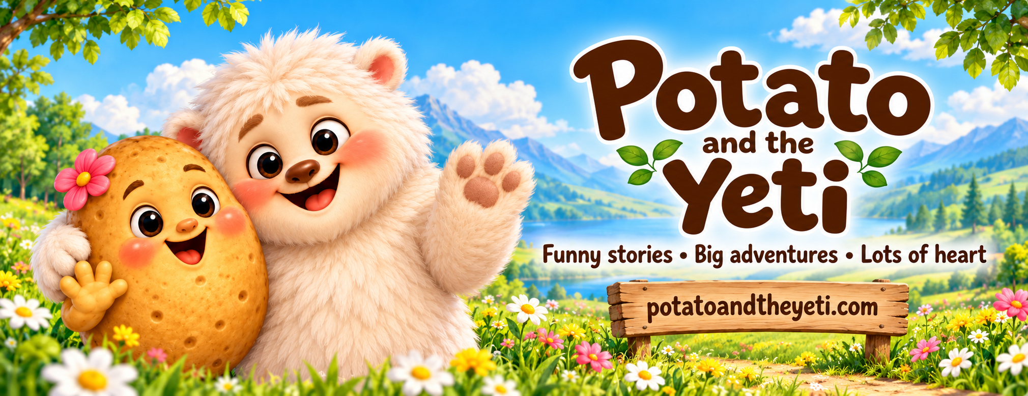 Potato and the Yeti waving in a flower-filled meadow. Funny stories, big adventures, lots of heart. potatoandtheyeti.com